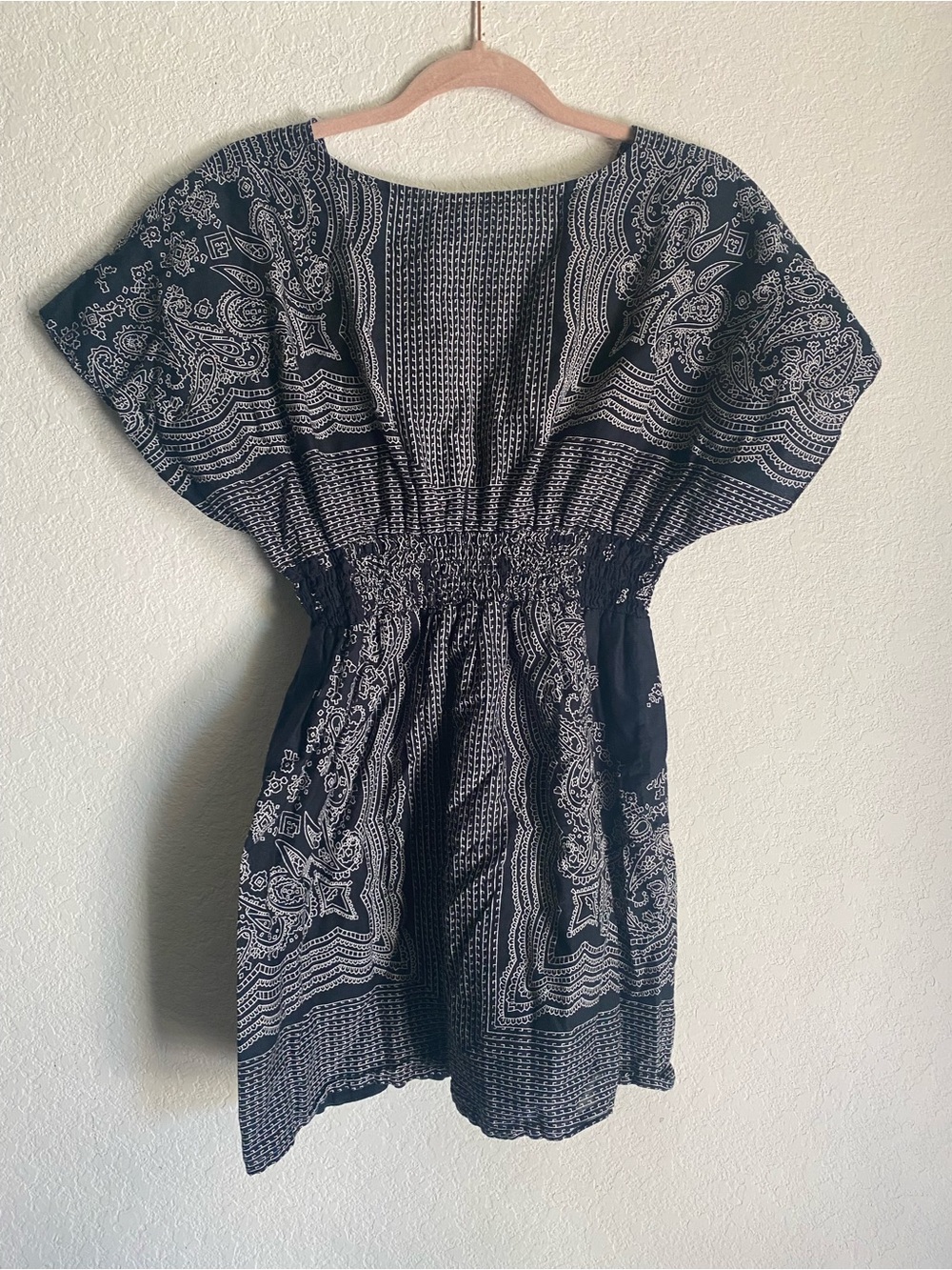 Blue Plate Black White Paisley Bandana Smocked Boho 100% Cotton Mini Dress M - Picture 4 of 8